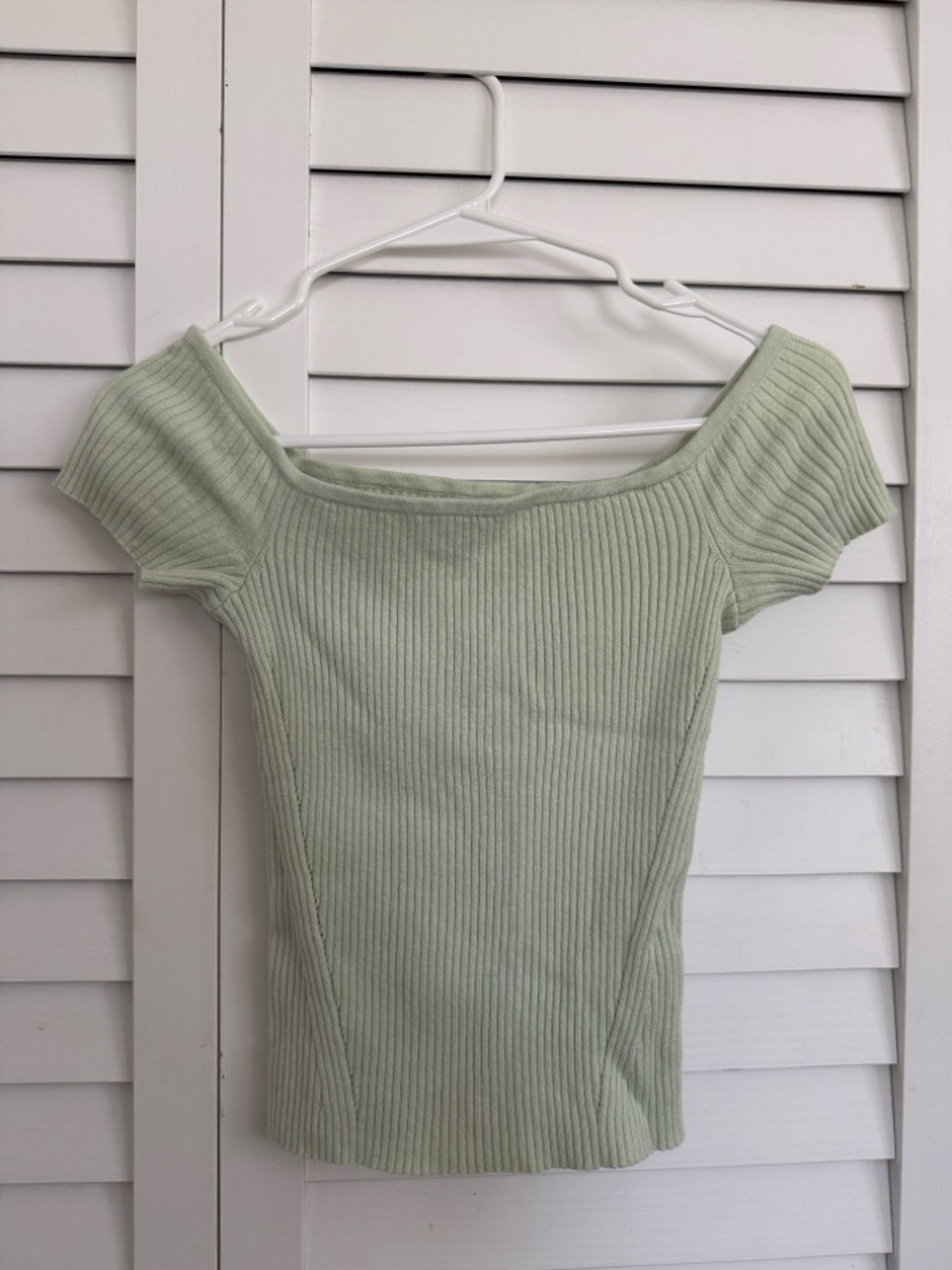 American Eagle Ribbed Off-Shoulder Mint Green Short Sleeve Top